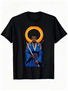 Camiseta de Manga Corta Negra con Estampado de Mujer Samurai con Espada y Sol Naranja Ideal para Uso Diario y Eventos Temáticos - Negro - Ver 1