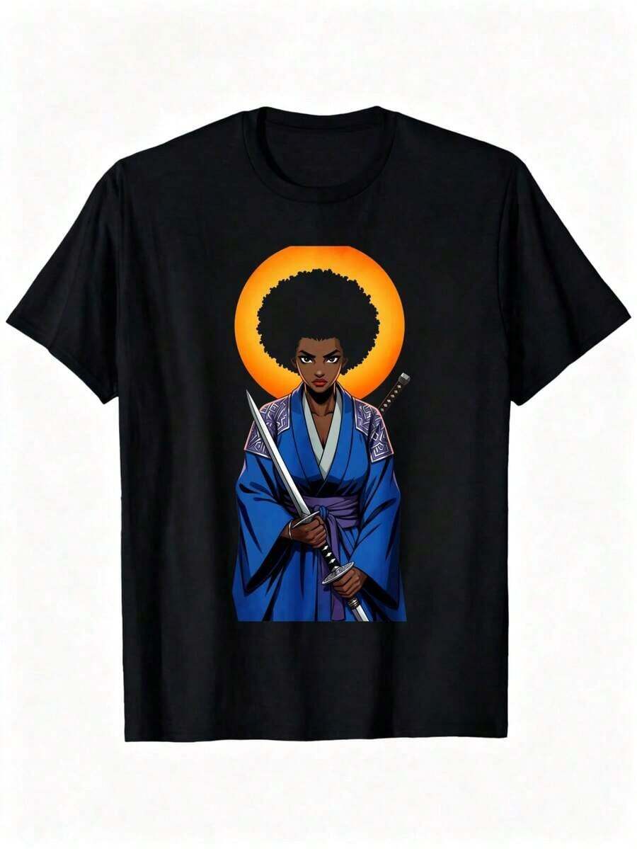Camiseta de Manga Corta Negra con Estampado de Mujer Samurai con Espada y Sol Naranja Ideal para Uso Diario y Eventos Temáticos - Negro - Ver 1