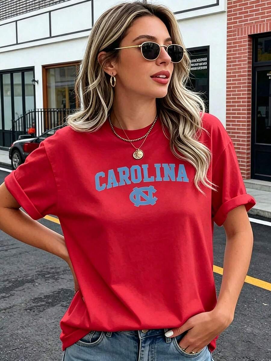 Carolina Team Graphic Women's Pattern Print TShirt Comfy Pure Cotton College Style Tee For Casual Daily Wear, Perfect Birthday Gift For UNC Alumni - 紅色 - 查看 1