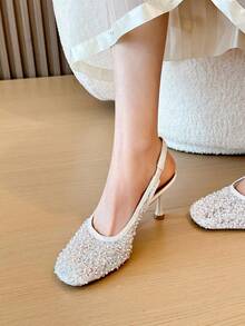 Xin Jing Shoes 女款新款亮片網紗優雅休閒性感派對細高跟鞋,時尚百搭圓頭網布綁帶中跟女士涼鞋,夏季鞋 - 米色 - 查看 6