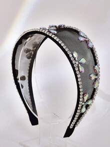 1 pieza Diadema ancha de lujo de malla negra calada con cristales para fiesta, baile de graduación, regalo para novia, accesorio de cabello para vacaciones - Negro - Ver 9