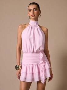 Vestido corto sin mangas con volantes en el bajo, de unicolor. Vestido elegante, dulce y lindo, adecuado para citas románticas, fiestas, reuniones formales, vestidos de dama de honor, vestidos de verano, vestidos de té, Año Nuevo, Día de San Valentín, vestido de cumpleaños, vestido rosa - Rosa Pálido - Ver 7