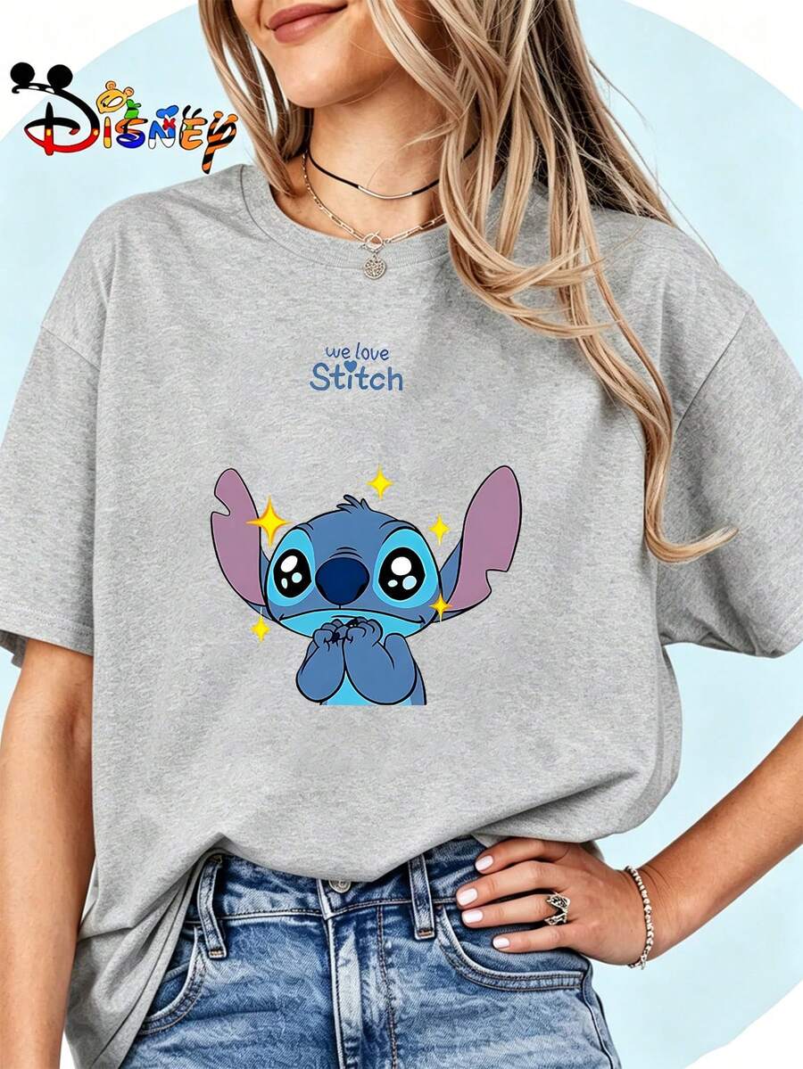 Breathable Cotton Disney Fan Tee | "Excited Stitch With Sparkles" Cute Lilo & Stitch Graphic Print | Nostalgic Cartoon Pullover Shirt - Xám - Xem 1