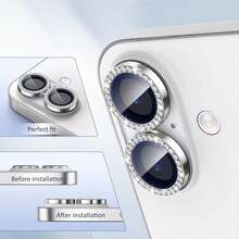 1 Set Super Protective 9D Silver Diamond Lens Protector With Ring Guard, Scratch-Resistant Tempered Glass, Camera Protection, Wear-Resistant, Diamond Not Easily Fallen, High Clarity And Transparency, Waterproof, Shockproof, Drop-Proof, Anti-Fingerprint Full Coverage - Silver - View 2