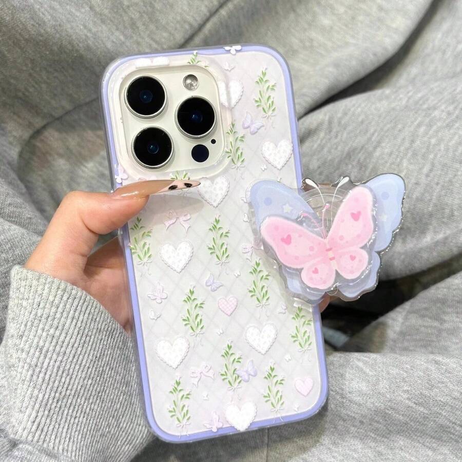 Heart Butterfly Sticky Retractable Foldable Phone Stand, Girly Delicate Design Brightens Festive Atmosphere, Portable Practical Daily Phone Holder, Birthday Party Heartwarming Present - Multicolor - View 1