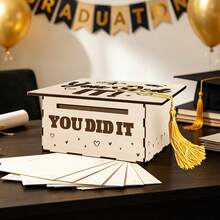 1pc Light Wood Tassel Graduation Card Box - "You Did It!" Suitable For High School And College Souvenir Storage, Heart And Star Pattern Diploma Display Box, Celebration Party Decoration, Multi-Slot Graduation - Multicolor - View 3