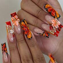 Transform Your Nails With This 24-Piece Set Of Leopard Print French Elegant And Gorgeous 3D Water Drop Vintage Orange Butterfly Floral Gold Bead Decorated Long Square Press-On False Nail Tips, Perfect For Nail Art For Girls And Women's Daily, Outdoor, And Party Gatherings - Multicolor - View 6