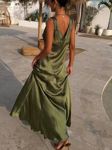 Satin Slip Dress V-Neck Knot Strap Slit Maxi Dress - Verde Oliva - Ver 6