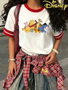 Disney Sweet Minnie Mouse Love & Heart Graphic Ringer T-Shirt, Women's Casual Red Trim Short Sleeve Top - trắng - Xem 3