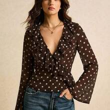 Blusa de moda sexy para mujer con dobladillo con volantes, escote en V profundo, estampado de lunares y mangas acampanadas - Negro01 - Ver 3
