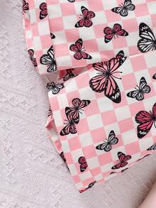 Young Girls Ribbed Solid Color Cap Sleeve Ruffle Top & Butterfly Print Strap Shorts 2 Pieces Set, Spring/Summer - Pink - View 8