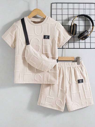 2pcs/Set Boys' Casual Solid Color Crew Neck Short Sleeve T-Shirt And Shorts Set With Pouch, Summer