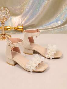 1 Pair Champagne Girls' Chunky Heel Sandals, Light Yellow Lace Mesh + Pearl Decor, Round Toe Peep Toe 2.5CM Horseshoe Heel Height-Increasing Flat Anti-Slip, Hook And Loop Design, Fashionable Vibrant Princess High Heel Sandals, Suitable For Daily Wear, Vacation, Holiday, Party, Campus, Spring/Summer New - Champagne - View 5