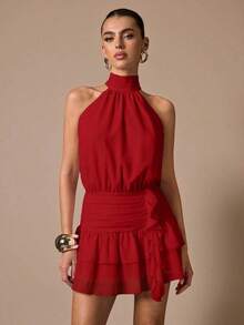 Vestido corto sin mangas con volantes en el bajo, de unicolor. Vestido elegante, dulce y lindo, adecuado para citas románticas, fiestas, reuniones formales, vestidos de dama de honor, vestidos de verano, vestidos de té, Año Nuevo, Día de San Valentín, vestido de cumpleaños, vestido rosa - Rojo - Ver 6