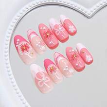 30Pcs Flower Press On Nails - Medium Almond French Tip Fake Nails With 3D Pearls Design Cute Bow & Flowers False Nails Nude Pink Glossy Full Cover Small Floral Reusable Acrylic Glue On Nails For Women - 蝶式貝殼 - 查看 3