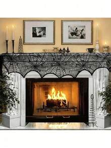 1pc Halloween Black Lace Spider Web Fireplace Shawl Scarf Set, Halloween Shawl Scarf, Black Lace Spider Web Design, Holiday Party Decoration, Prop To Create Halloween Party Atmosphere, Halloween Decoration, Indoor And Outdoor Decor, Used For Fireplace Decoration. Halloween Decoration, Indoor Fireplace Scarf, Suitable For Halloween Decoration, Holiday Party Supplies And Decor. - Multicolor - View 10