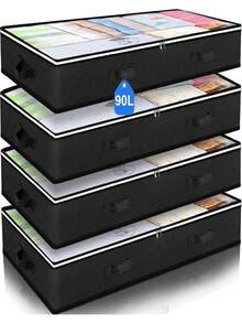 4pcs Large Capacity Underbed Foldable Storage Boxes With Transparent Window And Reinforced Handles, Suitable For Blankets And Bedding, Elegant Grey And Classic Black Options, Perfect For Gifts And Home Storage - Multicolor - View 12