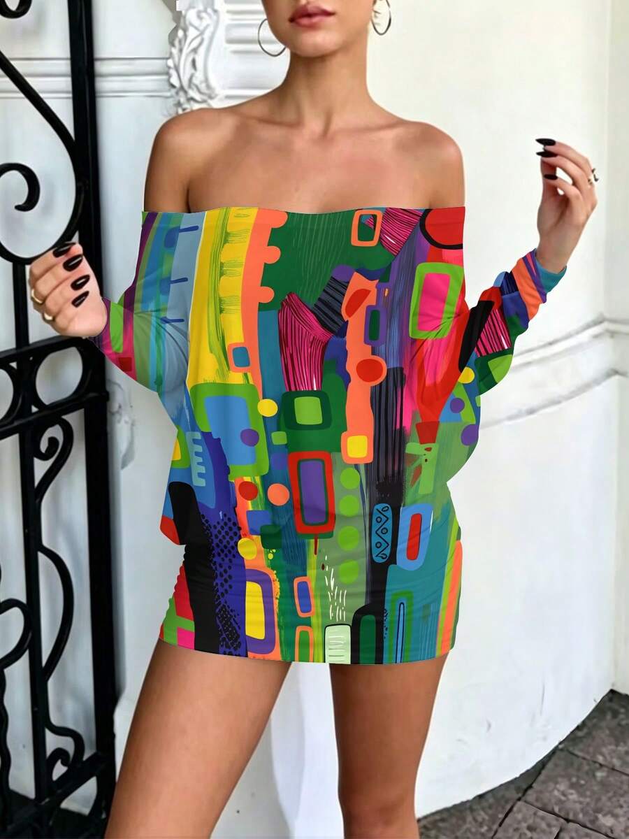 Women's Strapless Long-Sleeve Bodycon Dress, 3D Print Colorful Abstract Geometric Shapes Pattern Print Daily Leisure, Slim Fit, Comfortable And Breathable, Suitable For Spring, Summer, And Autumn - 風格 - 查看 1