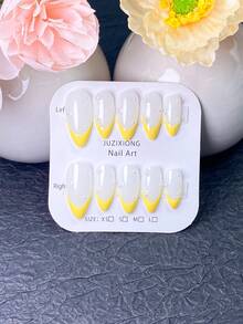 10pcs Handmade Press-On Nails, Short Summer Y2K Style White And Yellow Nails, Translucent White Almond Shape With Bright Yellow French Tips And Tiny Pearl Accents, Suitable For Daily Wear, Summer Outings And Special Occasions - Yellow - View 13