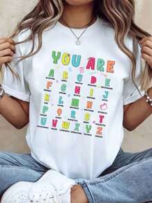 You Are A B C D E F G H I J K L M N O P Q R S T U V W X Y Z Positive Words Alphabet Shirt For Women Motivational Graphic Tee Casual Summer Top Gift For Her Birthday Christmas,220g - 白色 - 查看 2