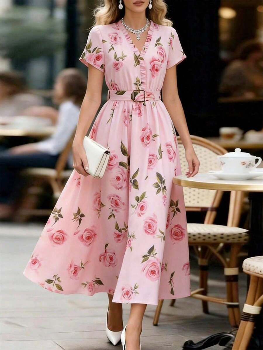 Vestido de mujer de manga corta con cuello en V y cintura ceñida con estampado elegante, adecuado para vacaciones de verano - Rosa Pálido - Ver 1