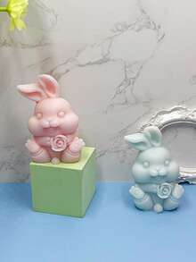 新款 3D 兔子抱花蠟燭矽膠模具，DIY 復活節彩蛋兔子手工蠟/石膏模具 - A-白色 - 查看 3