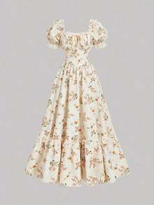 MOD Vestido floral victoriano con volantes de encaje blanco, vestido de fiesta, vestido de gala - Amarillo - Ver 3