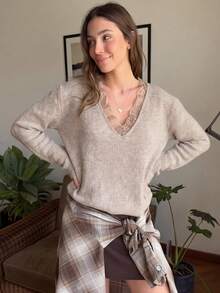 VIBEWAVE Oatmeal Mixed Color V-Neck Patchwork Eyelash Lace 2 In 1 Drop Shoulder Loose Knit Sweater Women Autumn/Winter Soft Vibe Date Commute Top - Camel - View 7