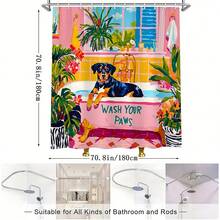 1件裝 Wash Your Paws 羅特威勒犬浴缸熱帶植物印花防水浴簾，防霉聚酯纖維浴室隔簾附掛鉤，趣味寵物狗愛好者浴室居家裝飾 - M - 查看 3