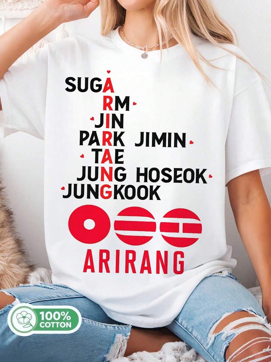 Unisex Cotton T-Shirt With BTSbt Members' "Arirang" Graphic, K-Pop Style. - White - View 1
