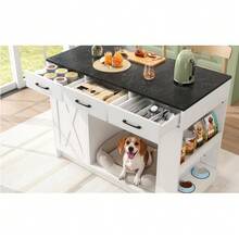 Kitchen Island, Cabinet With 3 Drawers, 1 Spice Rack, Adjustable Shelf, Double Shelf - White - View 4