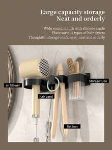 1 pieza Soporte para secador de pelo, sin necesidad de perforación; Soporte para secador de pelo montado en la pared, Organizador de herramientas de peinado de baño 3 en 1, Adecuado para secador de pelo, plancha y rizador, Adecuado para estante de almacenamiento en baño o barbería - Multicolor - Ver 9
