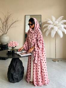 Polka Dot Print Open Front Abaya Kimono, Wide Flare Sleeve Loose Modest Muslim Long Outerwear Cardigan For Daily Holiday Occasions - Multicolor - View 23