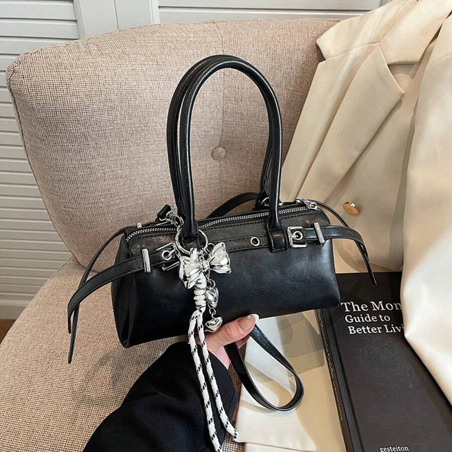 Bolso bandolera vintage de piel sintética suave, bolso de hombro, bolso inclinado, para ir al trabajo, de compras, para citas y otros bolsos de mujer. - Negro - Ver 1