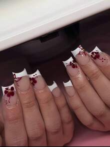 24pcs Rectangular Floral Embossed False Nails With Steel Ball Decoration, Acrylic Material, Set Includes 1pc Jelly Glue And 1pc Nail File, Perfect For Summer Wear - Multicolor - View 2