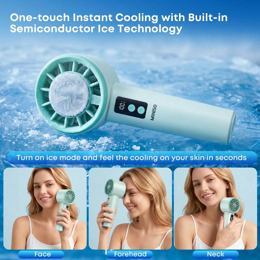 MINISO Handheld Cooling Fan With Ice Pack, 3000mAh Rechargeable Personal Fan, 1-120 Adjustable Speed Levels, Max Speed 10100RPM