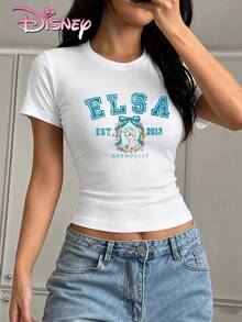 Women's Disney Slim Fit Short-Sleeve T-Shirt, Featuring A Frozen Elsa Schoolgirl Print, American Hot Girl Style, Stretchy And Fitted Design That Accentuates Curves, Perfect For Theme Park Photos And Sweet And Spicy Everyday Wear. - White - View 1