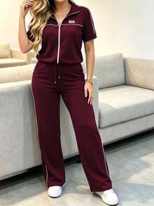 Set Busana Kasual Wanita Musim Semi/Gugur untuk Berpergian, Atasan Lengan Pendek dengan Resleting Warna Kontras Serbaguna dan Pinggang Tinggi Bergaris dengan Tali Serut, Longgar dan Elegan - Burgundy - View 3