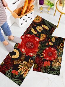1/2pcs Bohemian Style Floral Kitchen Mat Set, Modern Country Style Floral Kitchen Rug And Mat, Non-Slip Washable, Suitable For Spring/Summer Bohemian Style Kitchen Long Rug, Rubber Bottom Support - Multicolor - View 2
