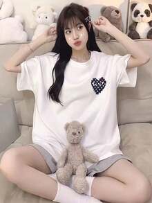 Summer Cotton Women's Short-Sleeved Top - Korean Style Fashionable Printed T-Shirt - Y2K Summer Versatile Short-Sleeved Top - Women's Summer Clothing Short-Sleeved T-Shirt - Can Be Freely Matched - Domestic Delivery Available - White - View 1