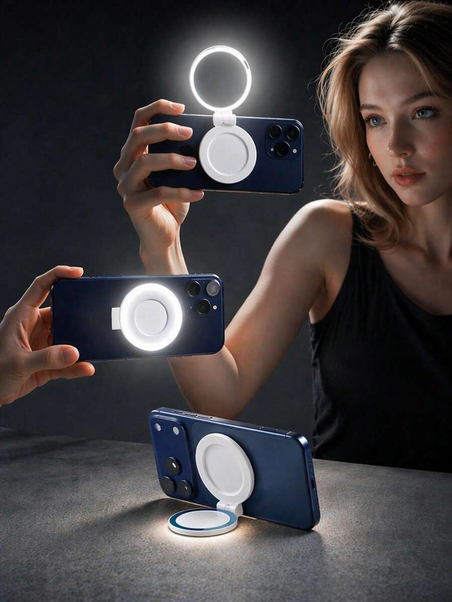 Rechargeable MagSafe LED Phone Selfie Ring Light Accessory With Mirror, Adjustable Brightness, Suitable For IPhone Smartphones Live Streaming/Photography/Video Conferencing - One Size - View 1