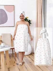 1/2pcs Polyester Bathrobe & Hair Towel Cap, Pink Rose Bow Ditsy Floral Bandeau Bath Wrap, Quick-Dry Absorbent Bath Towel Dress, Elastic Bandeau Design, Suitable For Daily Bathroom Care, SPA Salon, Hotel Stay, Travel Vacation, Beach Swimwear Cover-Up & Home Leisure Wear - Multicolor - View 10