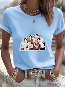 Group Portrait Design In Cartoon Style. Digital Print. Short Sleeves. Unisex. Pure Cotton. Loose And Comfortable. - Blue - View 1