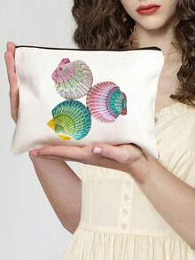 Vibrant Hand-Painted Seashell Pattern Makeup Bag, Multi-Functional Storage Solution,Travel Storage Bag, Coin Purse, Drug Storage Pouch, Stylish Accessory For Beach Lovers And Creative Souls, Perfect Gift For Women,Back-To-School Pencil Case, A Summer Essential, Unique Decorative Design For Everyday Use - Multicolor - View 7