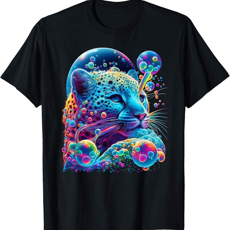 Colorful Rainbow Cheetah Graphic T-Shirt - Black - View 1