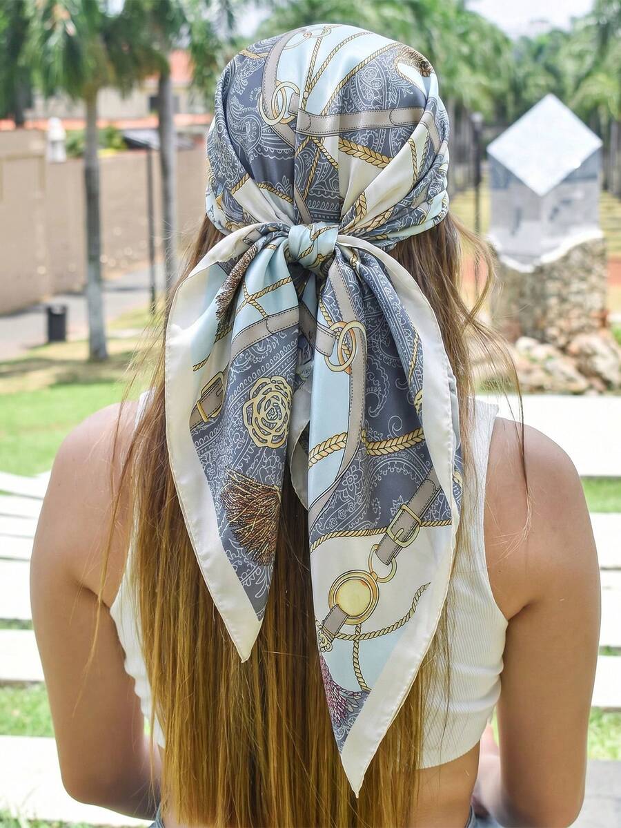 1 chiếc khăn bandana satin in họa tiết đơn giản màu hồng, phụ kiện tóc thời trang xuân mới cho nữ, có thể dùng làm thắt lưng, ruy băng, băng đô hoặc khăn trùm đầu - Màu xanh nhạt - Xem 1