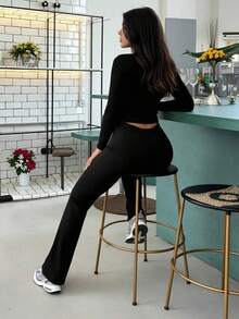 Boho Chic,Euro-American Style,Women's Casual Clothing Solid Color Two-Piece Women's Casual Waist Pleated Long-Sleeved Top With Trousers Suit, - 黑色 - 查看 5