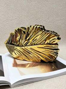 金属金色亮面独特叶形贝壳硬壳手拿包，适合鸡尾酒会、浪漫约会、婚礼等场合。 - 金色 - 查看 8