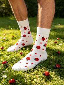 1 Pair Unisex White Ladybug Polka Dot Print Mid-Calf Socks, Fresh Whimsical Style, Breathable Casual Socks For All Seasons - Multicolor - View 6