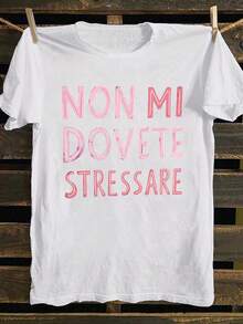 女士优雅圆领短袖T恤 - 白色，印有醒目的意大利语短语“Non Mi Dovete Stressare”，适合夏季休闲穿着。 - 白色 - 查看 4